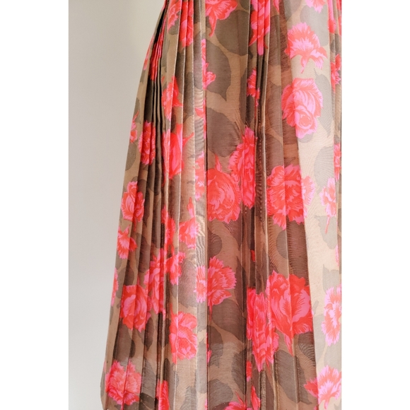 1950s Sleeveless Floral Boat Neck 50s Vintage Pleated Brown Red Pink Midi Dress - Picture 10 of 15